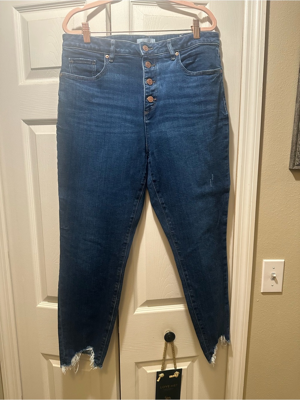 LOFT Dark Blue High-Rise Button-Fly Skinny Jeans with Frayed Hem